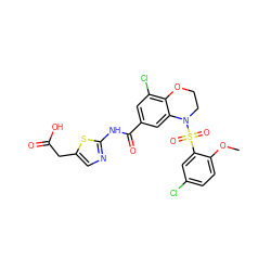 COc1ccc(Cl)cc1S(=O)(=O)N1CCOc2c(Cl)cc(C(=O)Nc3ncc(CC(=O)O)s3)cc21 ZINC000299856512