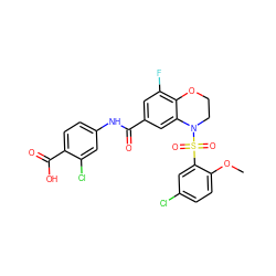 COc1ccc(Cl)cc1S(=O)(=O)N1CCOc2c(F)cc(C(=O)Nc3ccc(C(=O)O)c(Cl)c3)cc21 ZINC000114520520