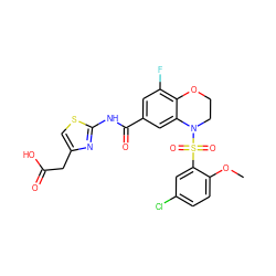 COc1ccc(Cl)cc1S(=O)(=O)N1CCOc2c(F)cc(C(=O)Nc3nc(CC(=O)O)cs3)cc21 ZINC000114514583