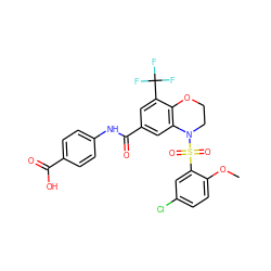 COc1ccc(Cl)cc1S(=O)(=O)N1CCOc2c1cc(C(=O)Nc1ccc(C(=O)O)cc1)cc2C(F)(F)F ZINC000114521973