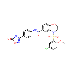 COc1ccc(Cl)cc1S(=O)(=O)N1CCOc2ccc(C(=O)Nc3ccc(-c4noc(=O)[nH]4)cc3)cc21 ZINC000114513320