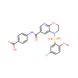 COc1ccc(Cl)cc1S(=O)(=O)N1CCOc2ncc(C(=O)Nc3ccc(C(=O)O)cc3)cc21 ZINC000114518726