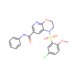 COc1ccc(Cl)cc1S(=O)(=O)N1CCOc2ncc(C(=O)Nc3ccccc3)cc21 ZINC000114517482