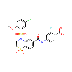 COc1ccc(Cl)cc1S(=O)(=O)N1CCS(=O)(=O)c2ccc(C(=O)Nc3ccc(C(=O)O)c(F)c3)cc21 ZINC000114516007