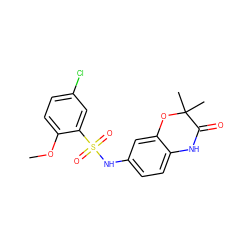 COc1ccc(Cl)cc1S(=O)(=O)Nc1ccc2c(c1)OC(C)(C)C(=O)N2 ZINC001258936955