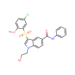 COc1ccc(Cl)cc1S(=O)(=O)c1cn(CCO)c2ccc(C(=O)Nc3ccccc3)cc12 ZINC000299857334