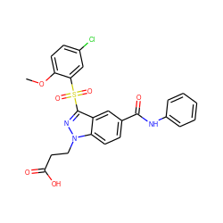 COc1ccc(Cl)cc1S(=O)(=O)c1nn(CCC(=O)O)c2ccc(C(=O)Nc3ccccc3)cc12 ZINC000299859500