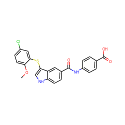 COc1ccc(Cl)cc1Sc1c[nH]c2ccc(C(=O)Nc3ccc(C(=O)O)cc3)cc12 ZINC000299855063