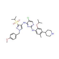 COc1ccc(Cn2cc(Nc3nc(Nc4cc(C)c(C5CCNCC5)cc4OC(C)C)ncc3Cl)c(S(=O)(=O)C(C)C)n2)cc1 ZINC000653733792