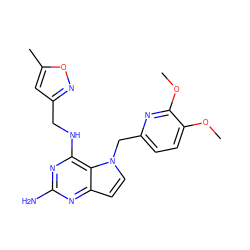 COc1ccc(Cn2ccc3nc(N)nc(NCc4cc(C)on4)c32)nc1OC ZINC001772634723