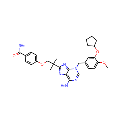 COc1ccc(Cn2cnc(N)c3nc(C(C)(C)COc4ccc(C(N)=O)cc4)nc2-3)cc1OC1CCCC1 ZINC000101003411