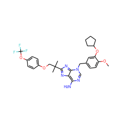 COc1ccc(Cn2cnc(N)c3nc(C(C)(C)COc4ccc(OC(F)(F)F)cc4)nc2-3)cc1OC1CCCC1 ZINC000101360549