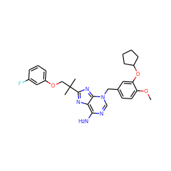COc1ccc(Cn2cnc(N)c3nc(C(C)(C)COc4cccc(F)c4)nc2-3)cc1OC1CCCC1 ZINC000101360328