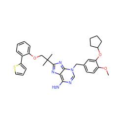 COc1ccc(Cn2cnc(N)c3nc(C(C)(C)COc4ccccc4-c4cccs4)nc2-3)cc1OC1CCCC1 ZINC000101501835