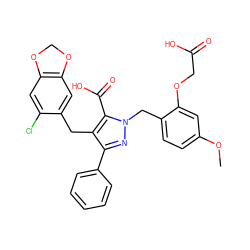 COc1ccc(Cn2nc(-c3ccccc3)c(Cc3cc4c(cc3Cl)OCO4)c2C(=O)O)c(OCC(=O)O)c1 ZINC000026576752