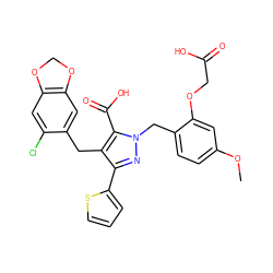 COc1ccc(Cn2nc(-c3cccs3)c(Cc3cc4c(cc3Cl)OCO4)c2C(=O)O)c(OCC(=O)O)c1 ZINC000026575629