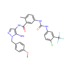 COc1ccc(Cn2ncc(NC(=O)c3cc(NC(=O)Nc4ccc(Cl)c(C(F)(F)F)c4)ccc3C)c2N)cc1 ZINC000066147781