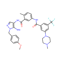 COc1ccc(Cn2ncc(NC(=O)c3cc(NC(=O)c4cc(N5CCN(C)CC5)cc(C(F)(F)F)c4)ccc3C)c2N)cc1 ZINC000066103017