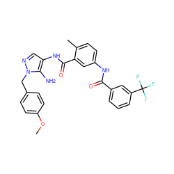 COc1ccc(Cn2ncc(NC(=O)c3cc(NC(=O)c4cccc(C(F)(F)F)c4)ccc3C)c2N)cc1 ZINC000066103754