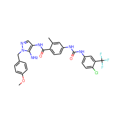 COc1ccc(Cn2ncc(NC(=O)c3ccc(NC(=O)Nc4ccc(Cl)c(C(F)(F)F)c4)cc3C)c2N)cc1 ZINC000066147776