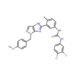 COc1ccc(Cn2ncc3[nH]c(-c4cc(NC(=O)Nc5ccc(Cl)c(Cl)c5)ccc4C)nc32)cc1 ZINC000049047561