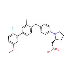 COc1ccc(F)c(-c2ccc(Cc3ccc(N4CCC[C@H]4CC(=O)O)cc3)c(C)c2)c1 ZINC001772652008