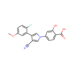 COc1ccc(F)c(-c2cn(-c3ccc(C(=O)O)c(O)c3)cc2C#N)c1 ZINC000200841865