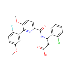 COc1ccc(F)c(-c2nc(C(=O)N[C@@H](CC(=O)O)c3ccccc3Cl)ccc2OC)c1 ZINC000203884376