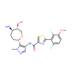 COc1ccc(F)c(-c2nc(C(=O)Nc3cnn(C)c3[C@@H]3CC[C@@H](N)[C@H](OC)CO3)cs2)c1F ZINC000221393181