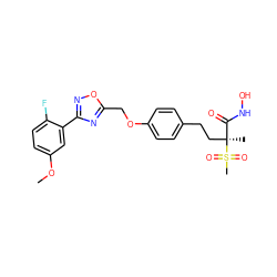 COc1ccc(F)c(-c2noc(COc3ccc(CC[C@@](C)(C(=O)NO)S(C)(=O)=O)cc3)n2)c1 ZINC000169686484