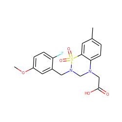 COc1ccc(F)c(CN2CN(CC(=O)O)c3ccc(C)cc3S2(=O)=O)c1 ZINC000653841631