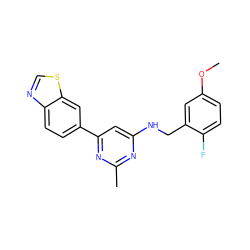 COc1ccc(F)c(CNc2cc(-c3ccc4ncsc4c3)nc(C)n2)c1 ZINC000653764993