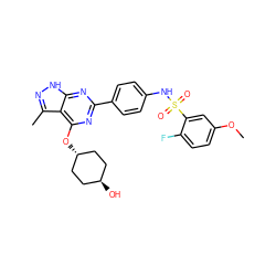 COc1ccc(F)c(S(=O)(=O)Nc2ccc(-c3nc(O[C@H]4CC[C@H](O)CC4)c4c(C)n[nH]c4n3)cc2)c1 ZINC000299828025