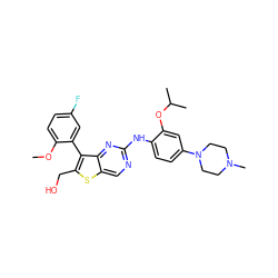 COc1ccc(F)cc1-c1c(CO)sc2cnc(Nc3ccc(N4CCN(C)CC4)cc3OC(C)C)nc12 ZINC000215979845