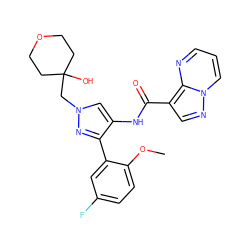 COc1ccc(F)cc1-c1nn(CC2(O)CCOCC2)cc1NC(=O)c1cnn2cccnc12 ZINC000169072715
