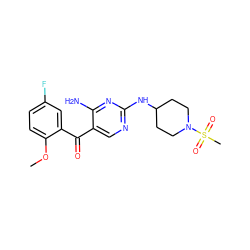 COc1ccc(F)cc1C(=O)c1cnc(NC2CCN(S(C)(=O)=O)CC2)nc1N ZINC000014950266