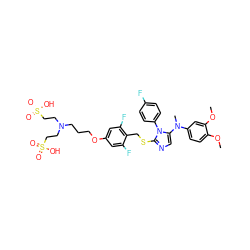 COc1ccc(N(C)c2cnc(SCc3c(F)cc(OCCCN(CCS(=O)(=O)O)CCS(=O)(=O)O)cc3F)n2-c2ccc(F)cc2)cc1OC ZINC001772574192