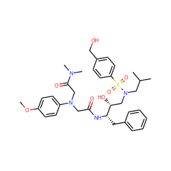 COc1ccc(N(CC(=O)N[C@@H](Cc2ccccc2)[C@H](O)CN(CC(C)C)S(=O)(=O)c2ccc(CO)cc2)CC(=O)N(C)C)cc1 ZINC000299857397