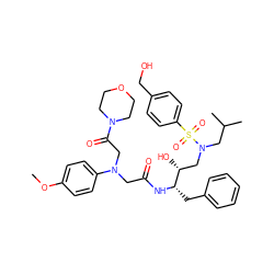 COc1ccc(N(CC(=O)N[C@@H](Cc2ccccc2)[C@H](O)CN(CC(C)C)S(=O)(=O)c2ccc(CO)cc2)CC(=O)N2CCOCC2)cc1 ZINC000299863686