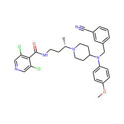 COc1ccc(N(Cc2cccc(C#N)c2)C2CCN([C@@H](C)CCNC(=O)c3c(Cl)cncc3Cl)CC2)cc1 ZINC000082157464