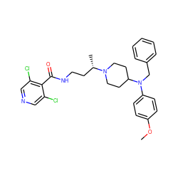 COc1ccc(N(Cc2ccccc2)C2CCN([C@@H](C)CCNC(=O)c3c(Cl)cncc3Cl)CC2)cc1 ZINC000082154111