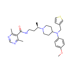 COc1ccc(N(Cc2ccsc2)C2CCN([C@H](C)CCNC(=O)c3c(C)ncnc3C)CC2)cc1 ZINC000095556489