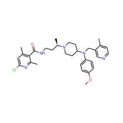 COc1ccc(N(Cc2cnccc2C)C2CCN([C@H](C)CCNC(=O)c3c(C)cc(Cl)nc3C)CC2)cc1 ZINC000059373507