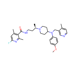 COc1ccc(N(Cc2cnccc2C)C2CCN([C@H](C)CCNC(=O)c3c(C)cc(F)nc3C)CC2)cc1 ZINC000073198280