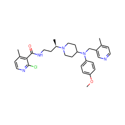 COc1ccc(N(Cc2cnccc2C)C2CCN([C@H](C)CCNC(=O)c3c(C)ccnc3Cl)CC2)cc1 ZINC000082154777