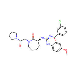 COc1ccc(N/C(=N\C(=O)c2cccc(Cl)c2)N[C@H]2CCCCN(CC(=O)N3CCCC3)C2=O)cc1 ZINC000040895626