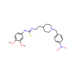 COc1ccc(N/C(S)=N/CCC2CCN(Cc3ccc([N+](=O)[O-])cc3)CC2)cc1OC ZINC000013734794