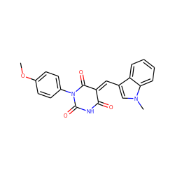 COc1ccc(N2C(=O)NC(=O)/C(=C\c3cn(C)c4ccccc34)C2=O)cc1 ZINC000001406624