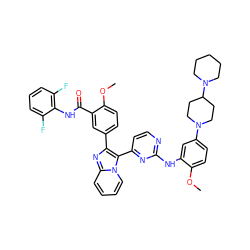 COc1ccc(N2CCC(N3CCCCC3)CC2)cc1Nc1nccc(-c2c(-c3ccc(OC)c(C(=O)Nc4c(F)cccc4F)c3)nc3ccccn23)n1 ZINC000165063191