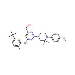 COc1ccc(N2CCN(c3nc(CO)cc(Nc4cc(C(C)(C)C)ccc4C)n3)CC2(C)C)cc1 ZINC000053184472